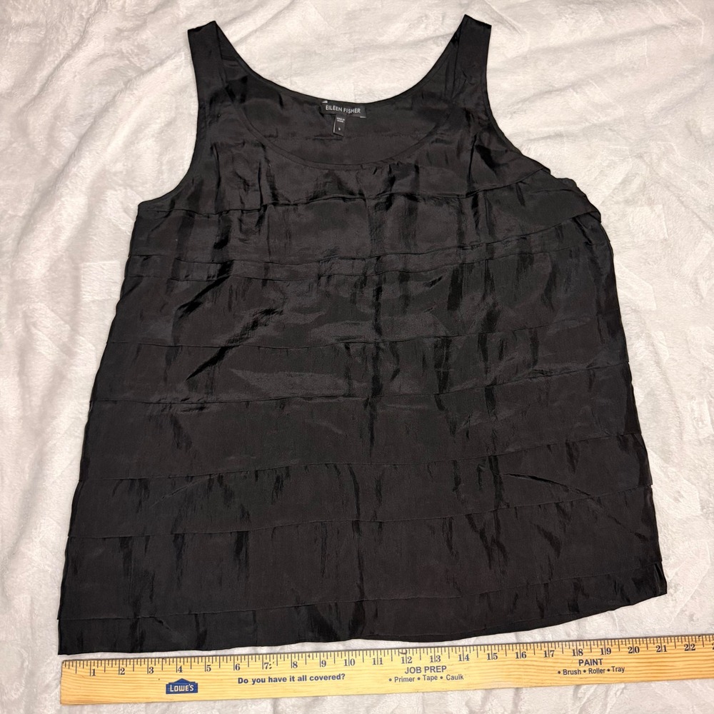 Eileen Fisher Womens Black 100% Silk Tiered Ruffle Blouse Small S scoop neck‎